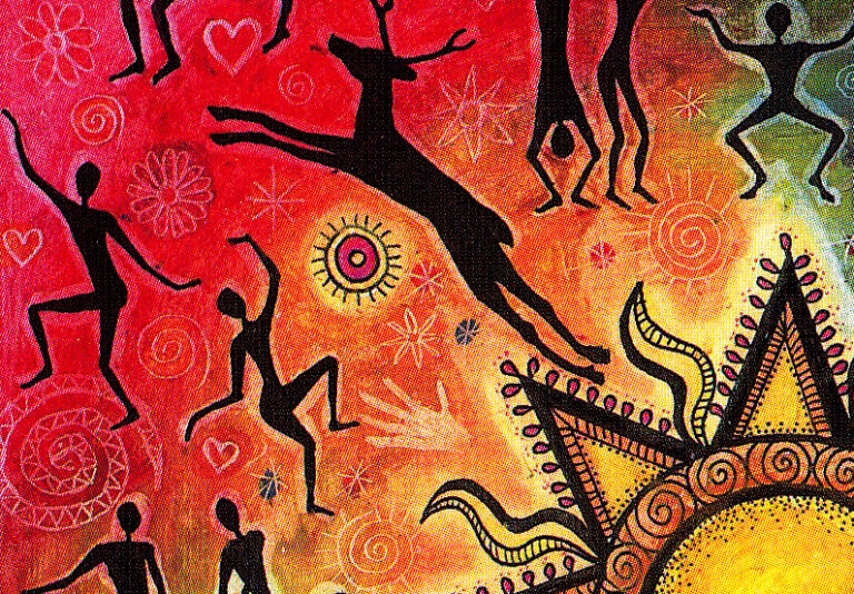 Original Artwork by Hannah Penn called Sundancers. The image shows a stylised Sun with outlines of people dancing. For Move More Dance Classes